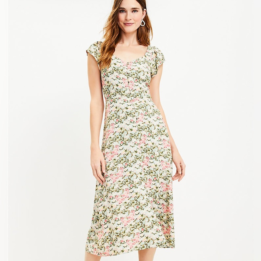 Loft Floral Cap Sleeve Button Midi Dress Sz 14 EUC